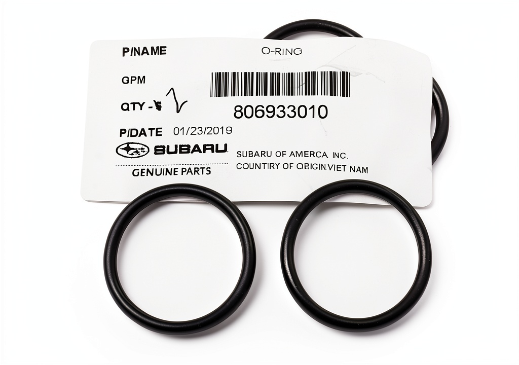 Subaru water crossover pipe O‑rings being installed on a transmission assembly