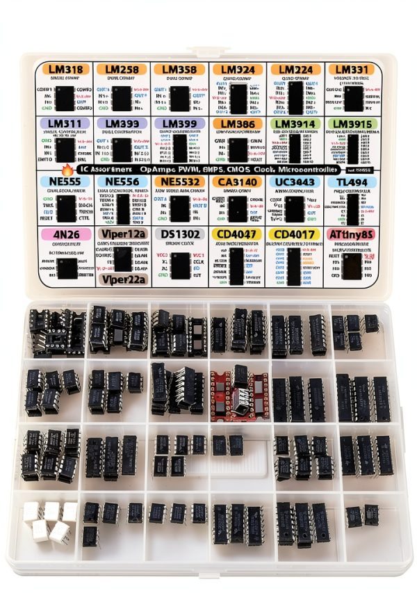 Essential IC Assortment 133 pcs LM318, LM258, LM358, LM224, LM324, LM331, LM311, LM393, LM339, LM386, LM3914, LM3915, NE555, NE556, NE5532, CA3140, UC3843, TL494, 4N26, Viper22a, DS1302, ATtiny85 etc-0